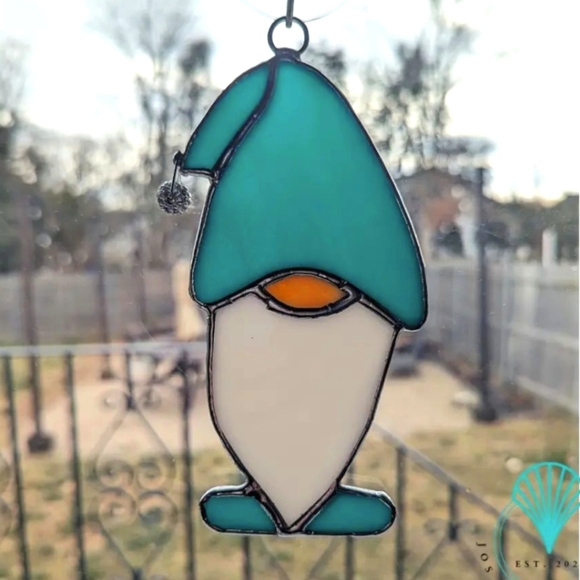 Handmade Blue Gnome Stained Glass Suncatcher Ornament with Blue Hat - Picture 2 of 5